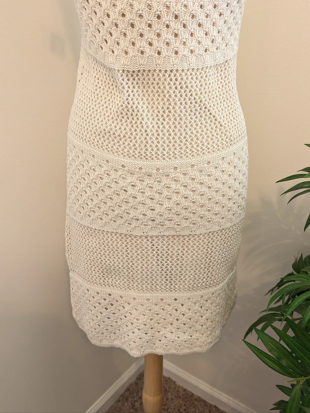 Old Navy Boho Cream Knit Crochet Halter Mini Dress Medium - Picture 10 of 12